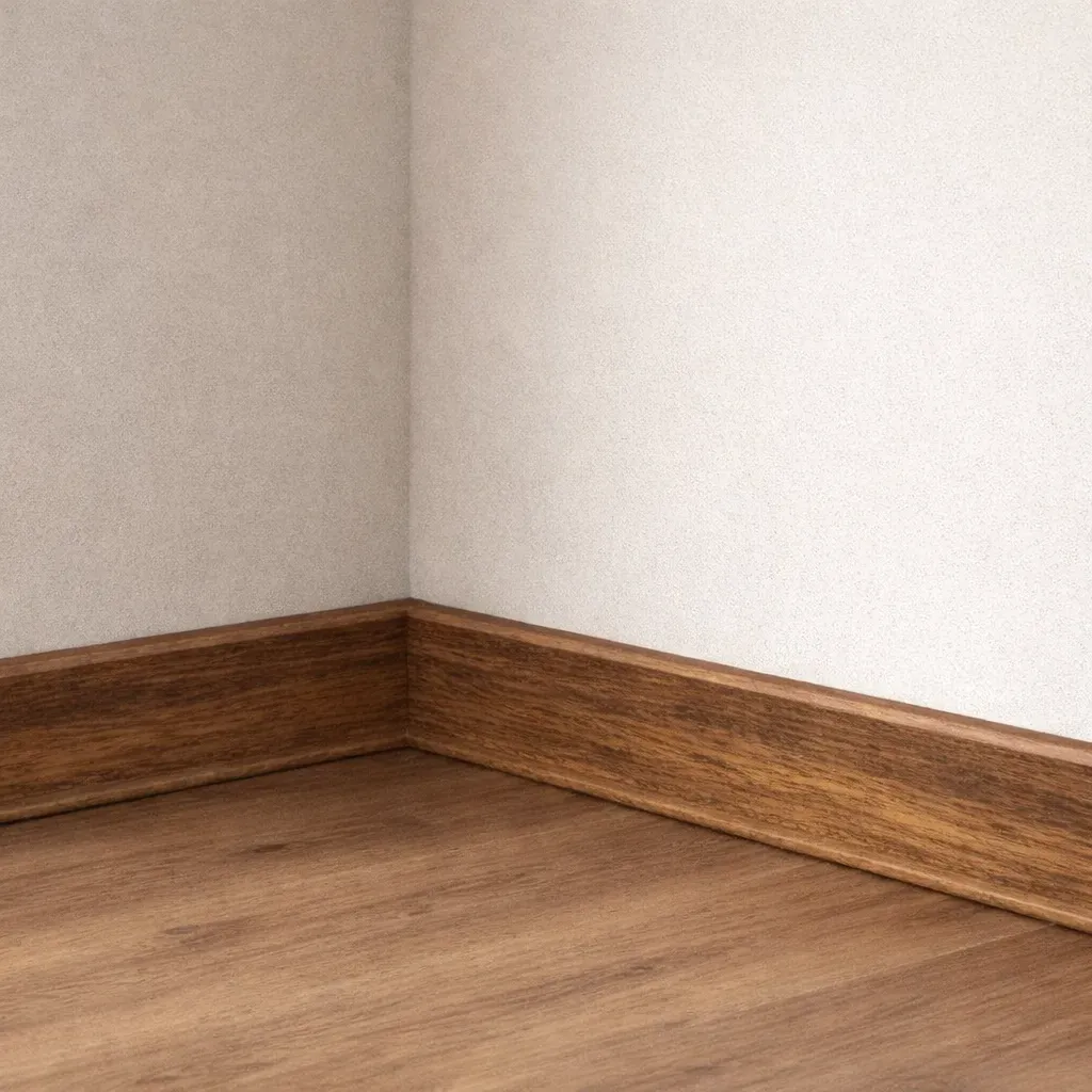 Zbliżenie na precyzyjne wykończenie krawędzi przy podłodze, pokazujące jak dobrać listwy oraz jak skutecznie zamaskować drobne nierówności tynku za pomocą elastycznych profili.