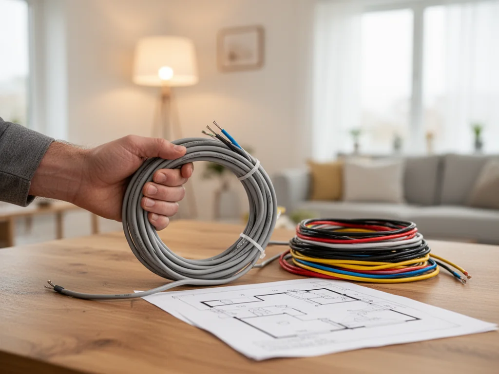 Elektryk trzyma zwinięty kabel na stole obok planu oświetlenia domu i kolorowych przewodów, w tle jasny, przytulny salon.