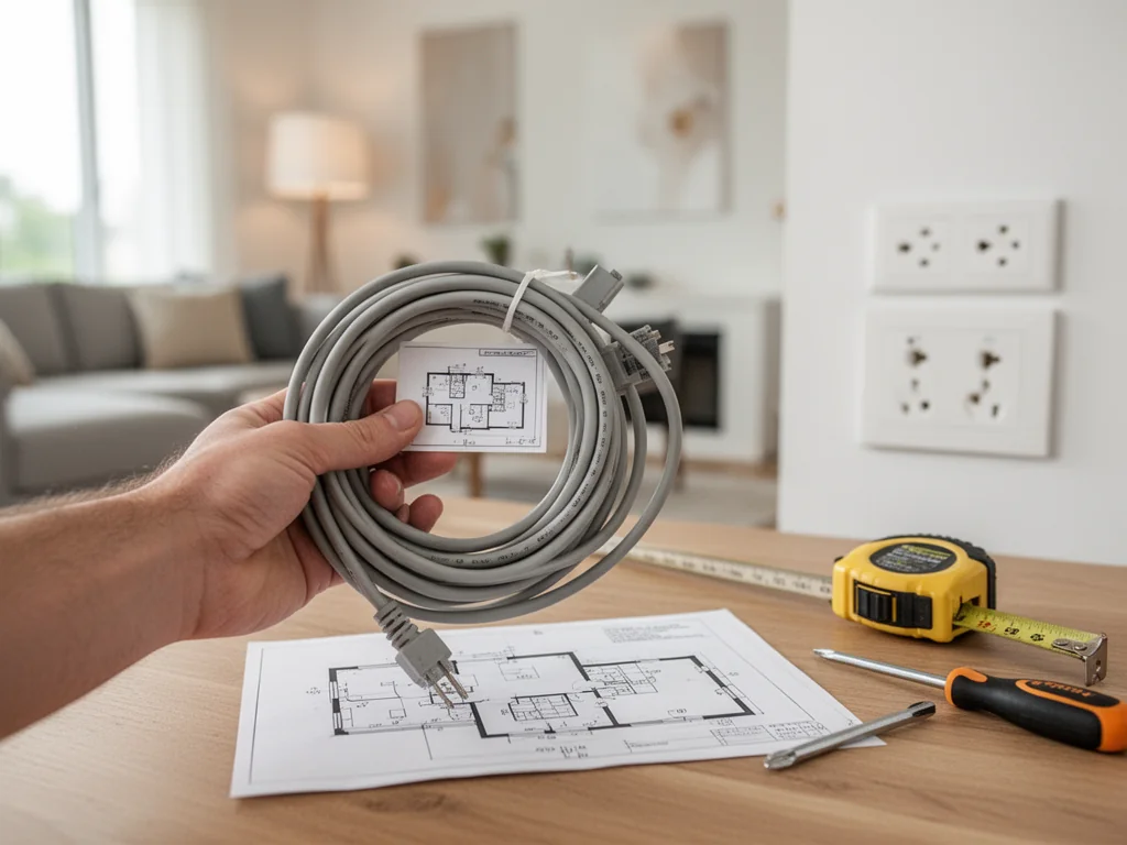 Dłoń trzyma zwinięty kabel i domowy plan instalacji elektrycznej na stole, w tle nowoczesny salon z gniazdkami.