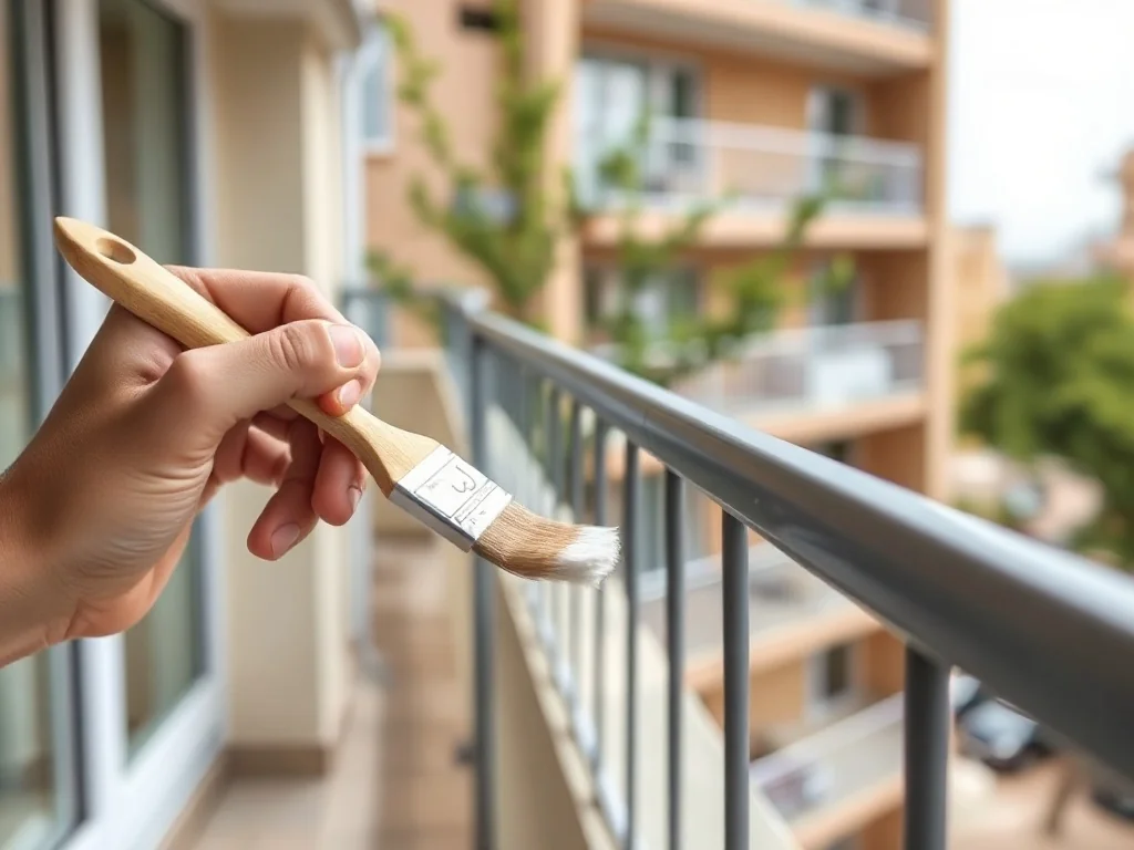 Ręka malująca pędzlem metalową balustradę balkonu w bloku, świeża farba i widok na sąsiednie balkony oraz drzewa w tle