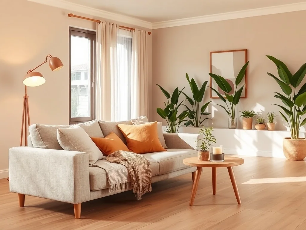 Przytulny salon w ciepłych beżach i brązach z sofą, roślinami i miękkim oświetleniem, podkreślający spokojną atmosferę wnętrza.