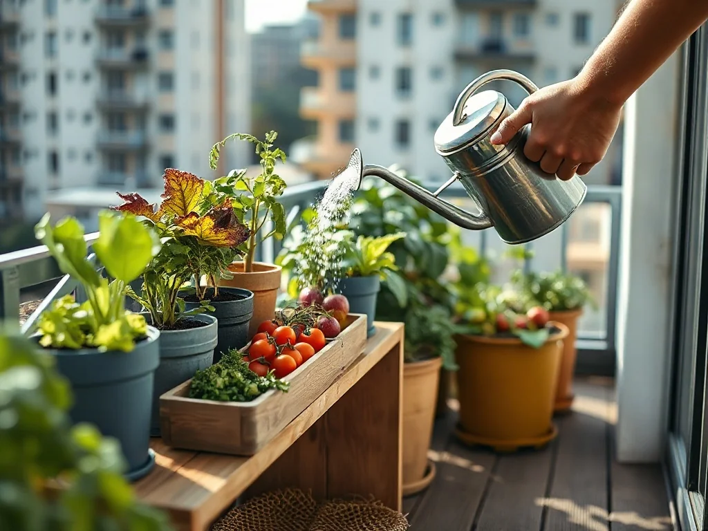 Mały balkon w bloku z donicami sałaty, pomidorów i ziół, podlewany ręcznie, pokazuje prostą uprawę warzyw w mieście.