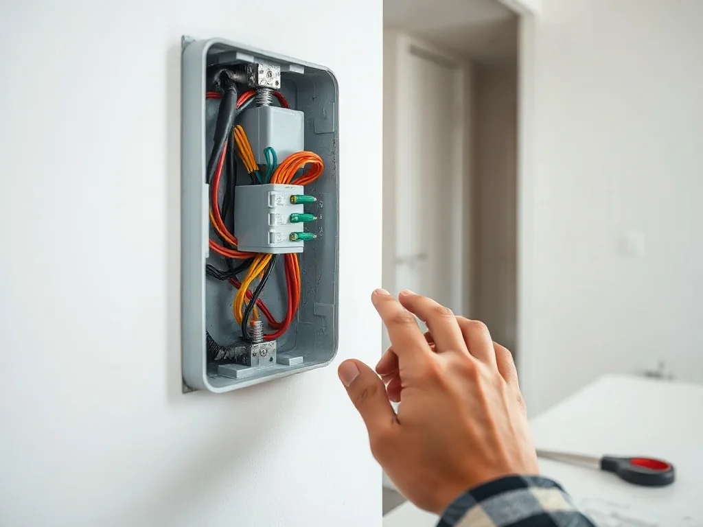 Elektryk bezpiecznie łączy przewody w puszce rozdzielczej, pokazując prawidłowe rozdzielanie prądu z jednego kabla