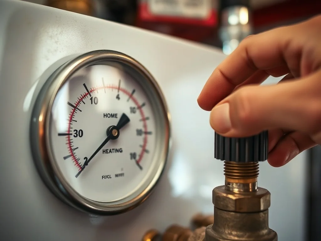 Manometr kotła CO z wysokim ciśnieniem, technik reguluje zawór, ilustrując problem nadmiernego ciśnienia w instalacji.