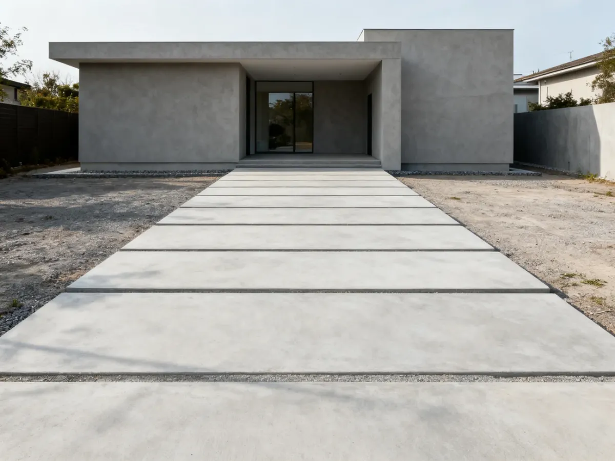 Nowoczesny podjazd z dużych płyt betonowych przed minimalistycznym domem