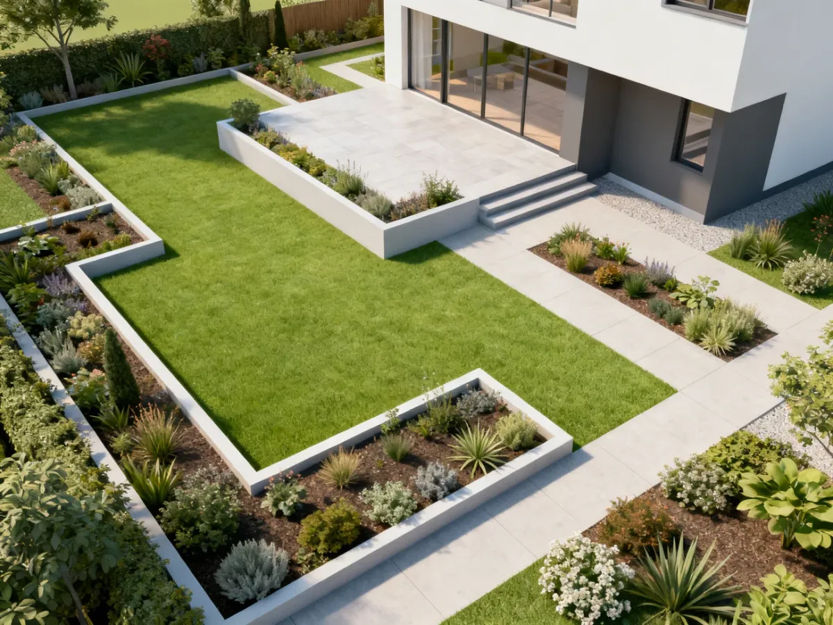 Uproszczona wizualizacja ogrodu z podziałem na strefy, trawnikiem i ścieżkami