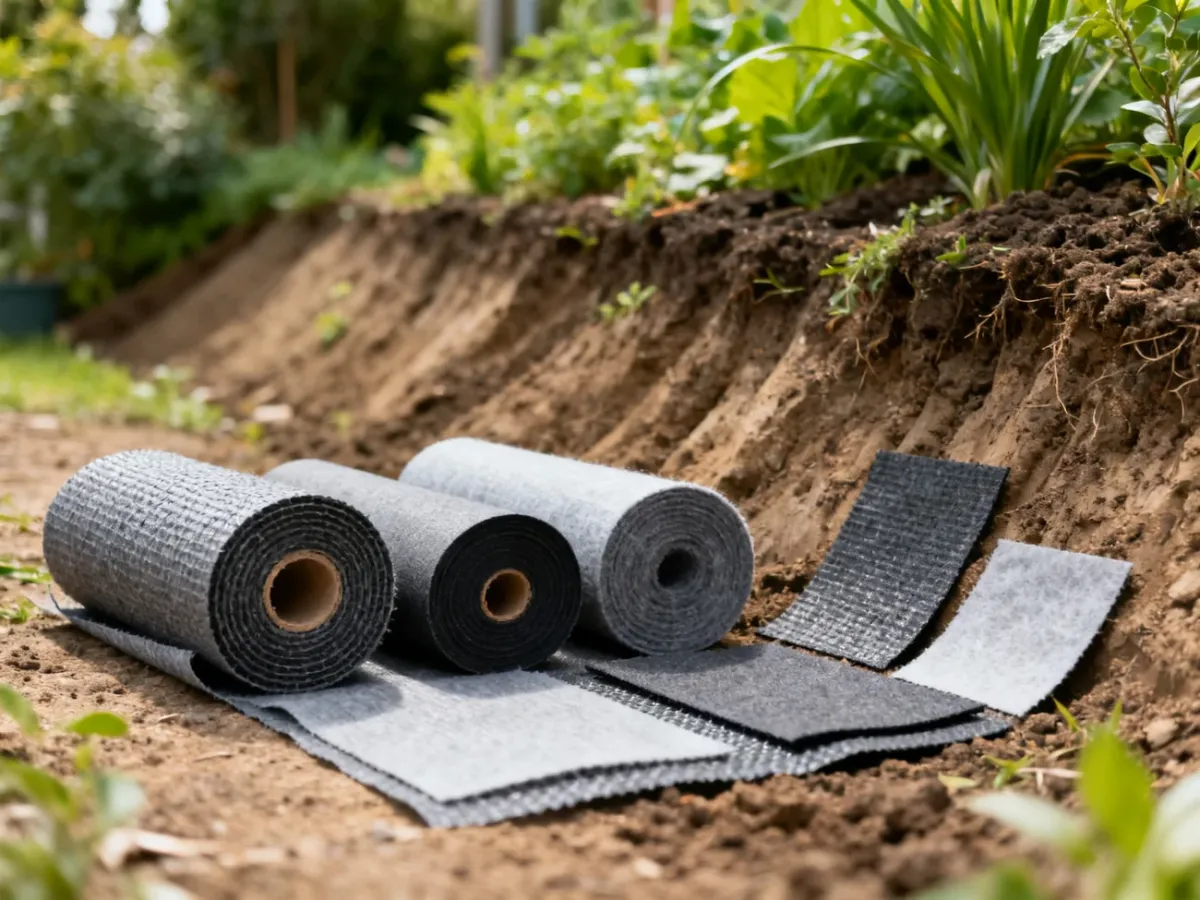 Different geotextile thicknesses prepared for a garden slope