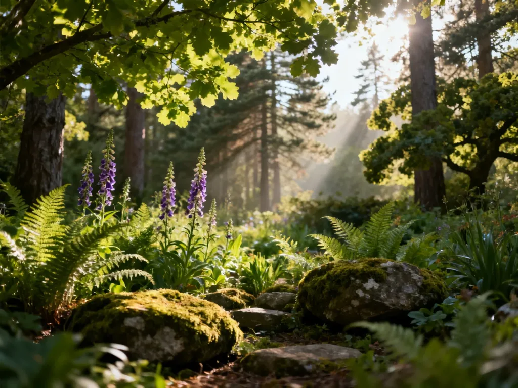 Naturalistyczny ogród leśny z paprociami, mchem i naparstnicami w świetle porannych promieni słońca.