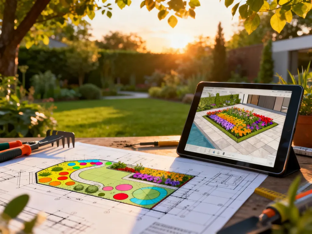 Profesjonalna wizualizacja 3D nowoczesnego ogrodu z planem projektu, narzędziami i tabletem na pierwszym planie.