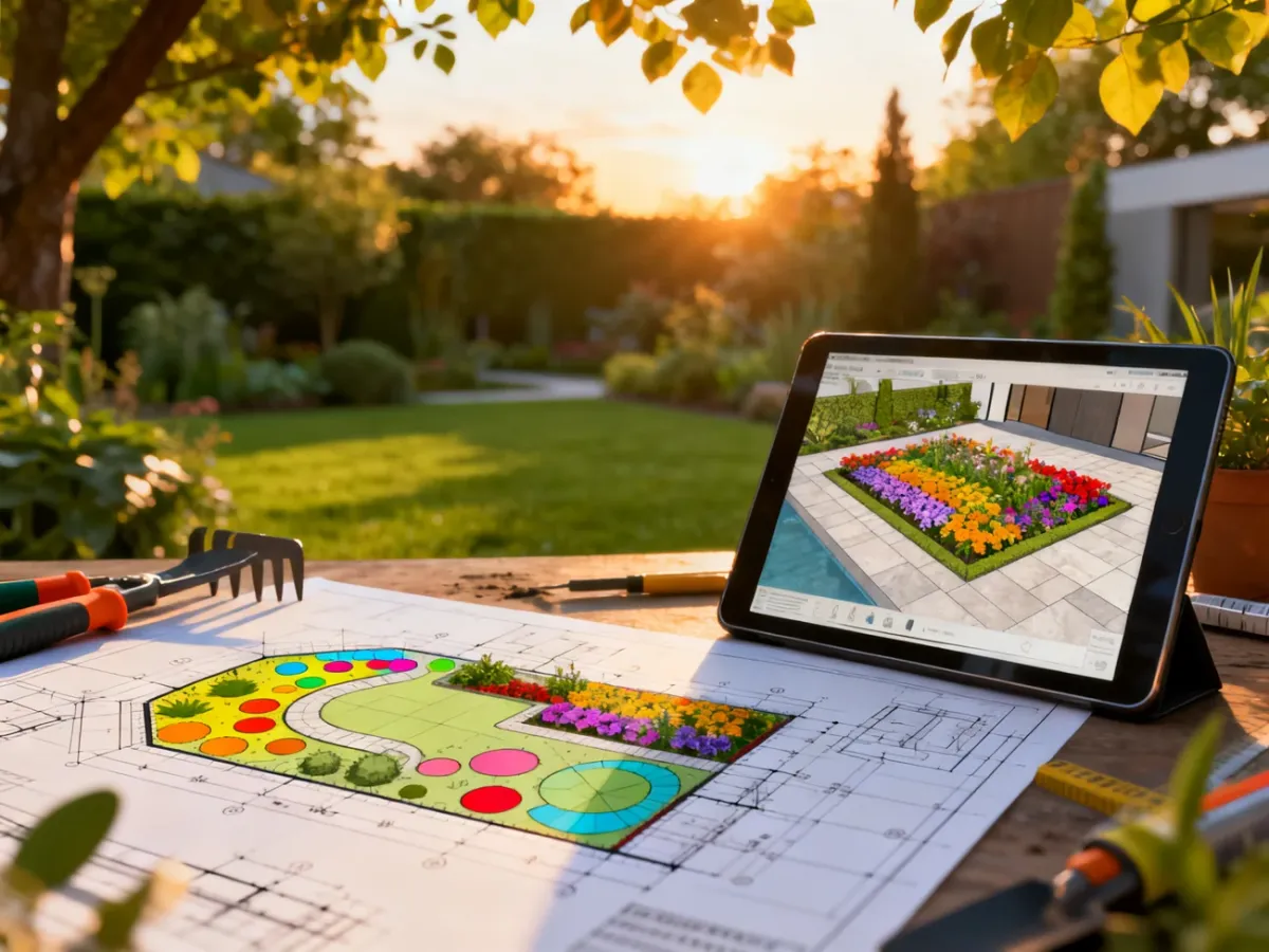 Profesjonalna wizualizacja 3D nowoczesnego ogrodu z planem projektu, narzędziami i tabletem na pierwszym planie.
