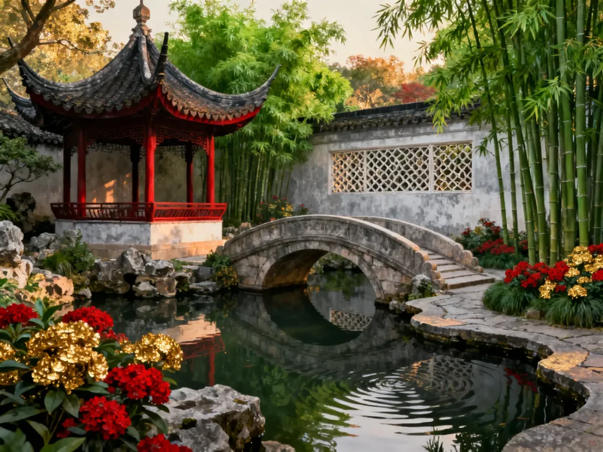 Chinese garden with pavilion, bridge, pond and decorative architectural elements