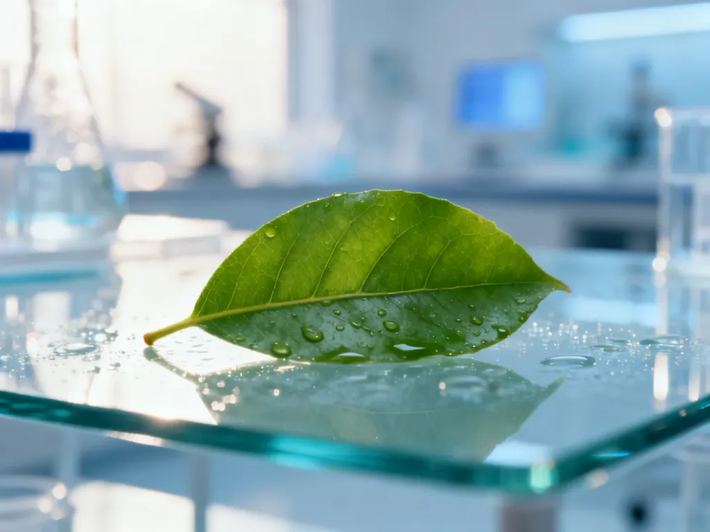 Zielony liść z kroplami rosy na szkiełku laboratoryjnym, symbolizujący naturalne podejście do zdrowia i czystość.