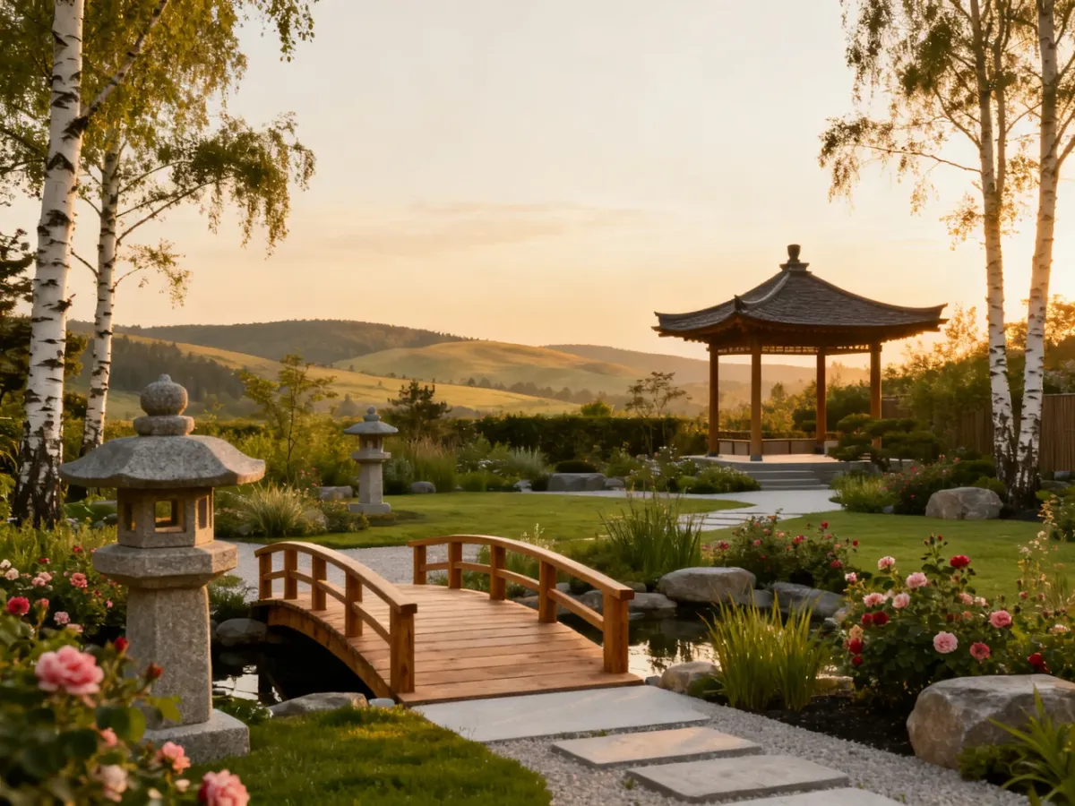 Harmonious garden combining Japanese minimalism, Chinese details and the surrounding landscape