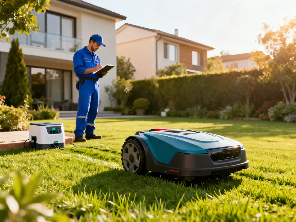 Technician assessing a garden for robotic lawn mower installation