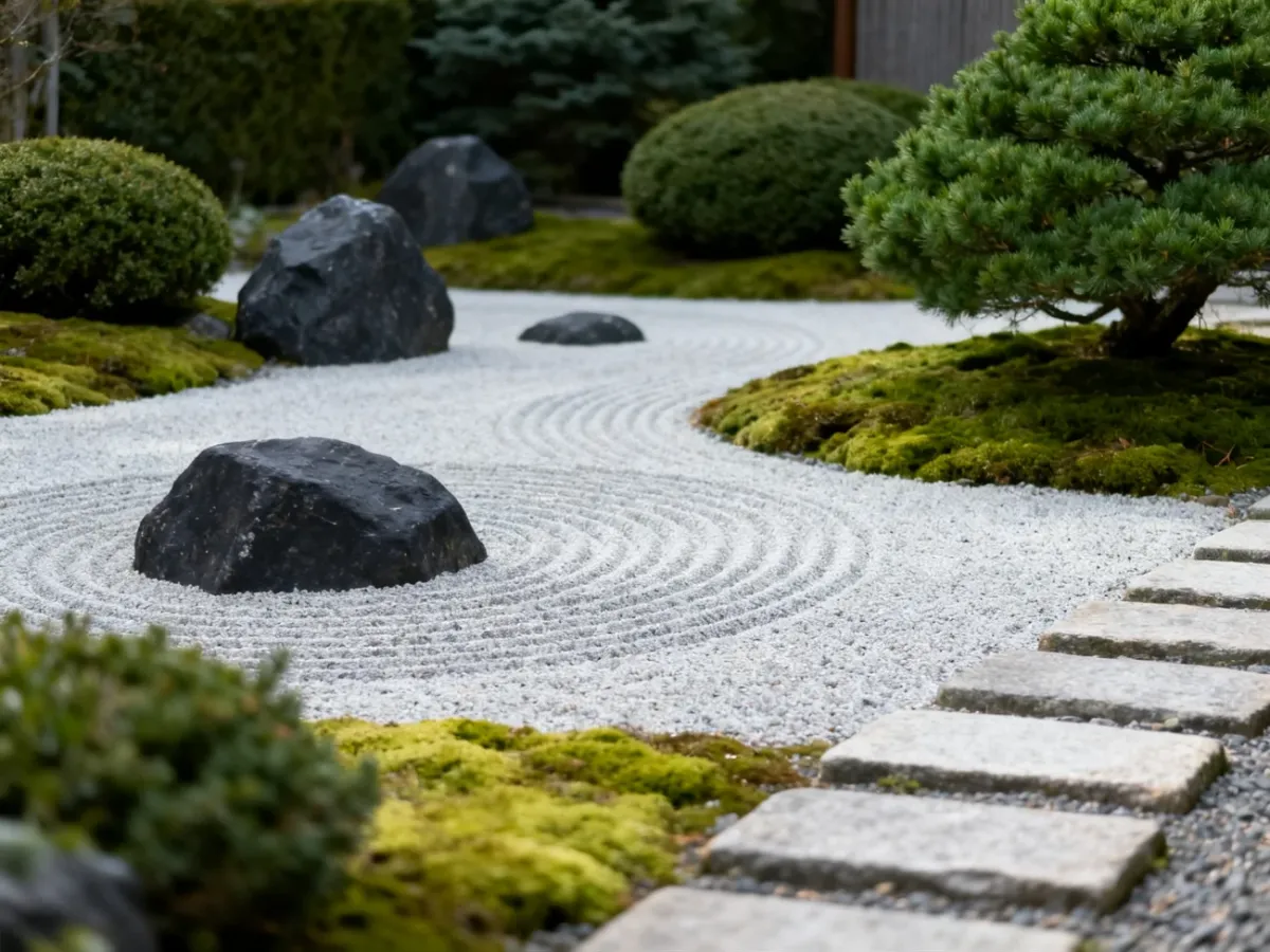 Minimalist Japanese garden with stones, raked gravel, moss and carefully shaped plants