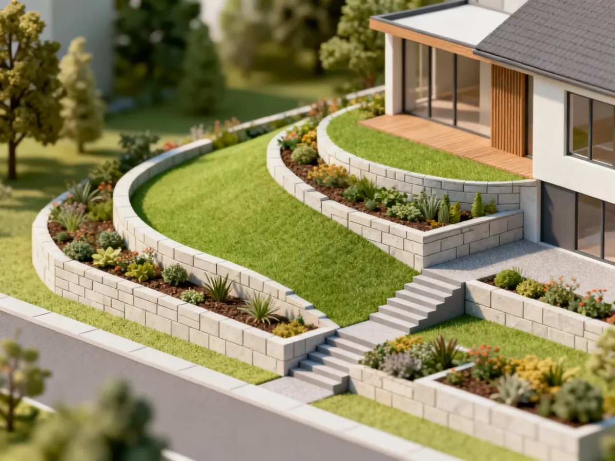 Model 3D ogrodu z różnicami poziomów, murkami i schodami