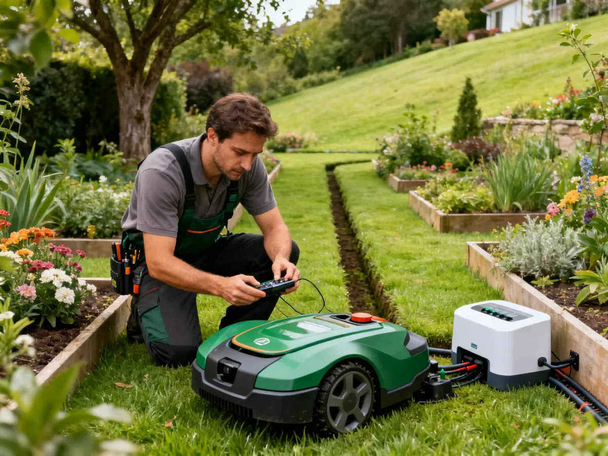 Technician configuring a robotic mower in a multi-zone garden