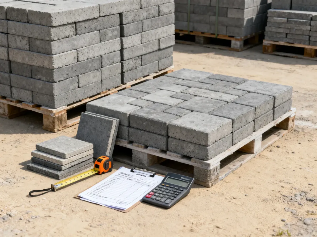 Planowanie zakupu kostki betonowej z próbkami, miarką i kalkulatorem