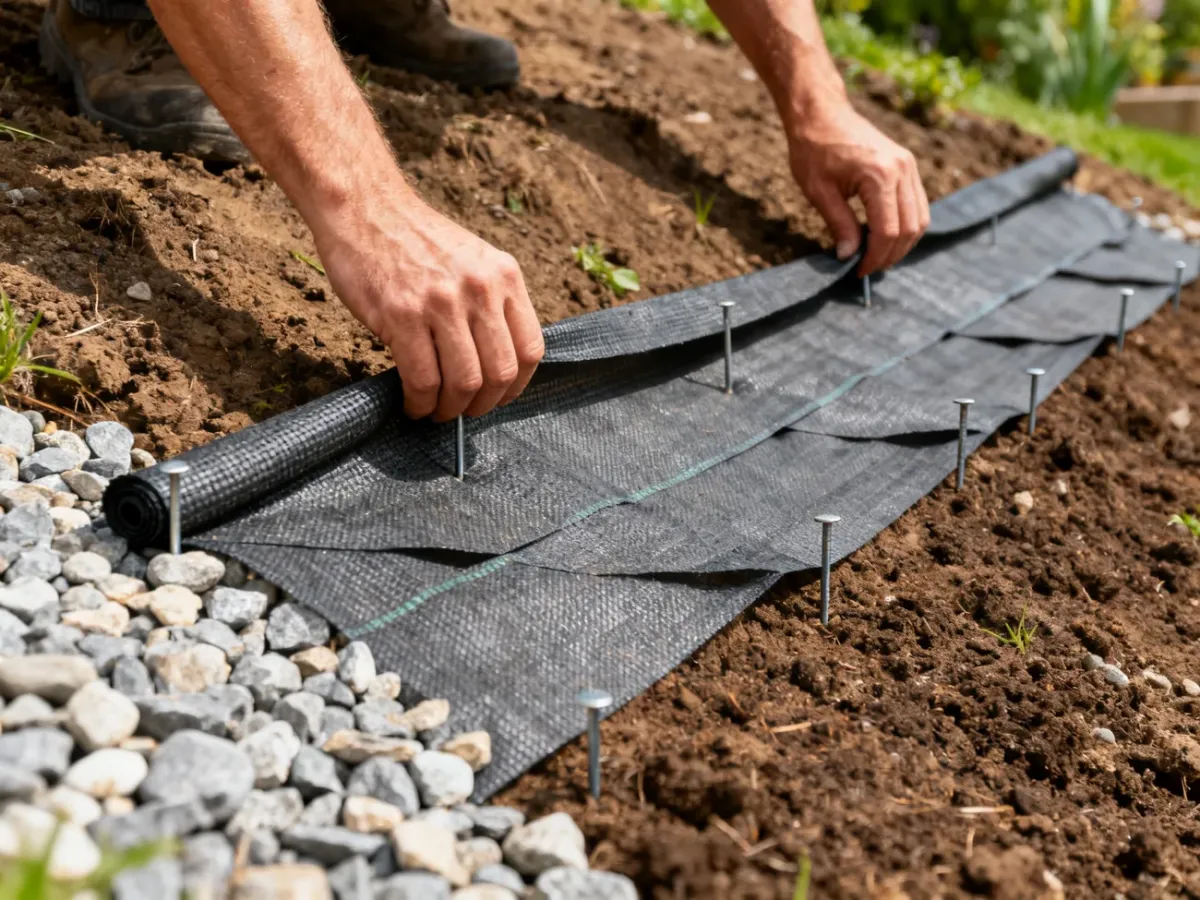 Geotextile being secured on a garden slope with ground staples