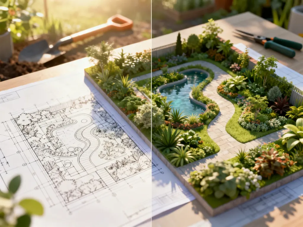 Porównanie płaskiego projektu technicznego 2D oraz realistycznej wizualizacji 3D tego samego ogrodu na biurku architekta.