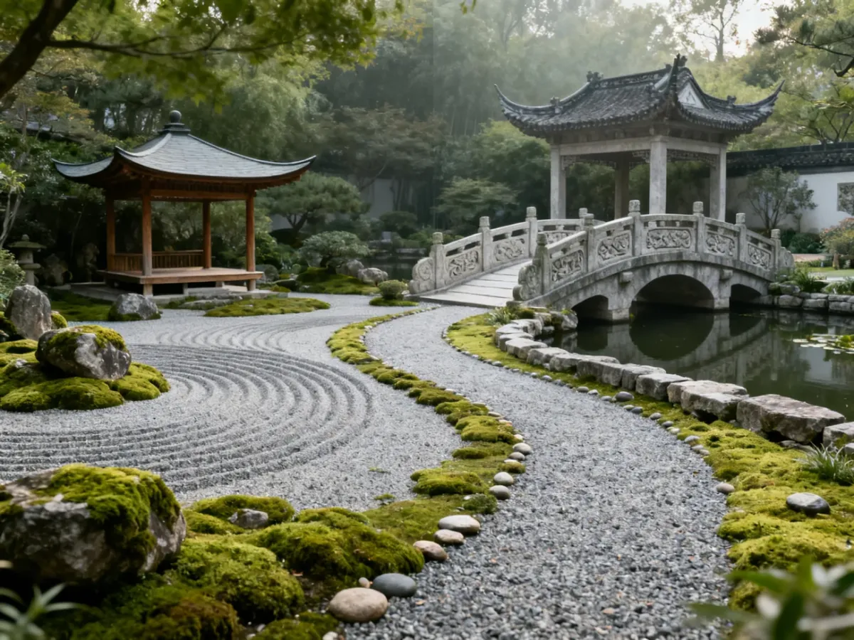 Contrasting Japanese and Chinese garden styles in one harmonious landscape