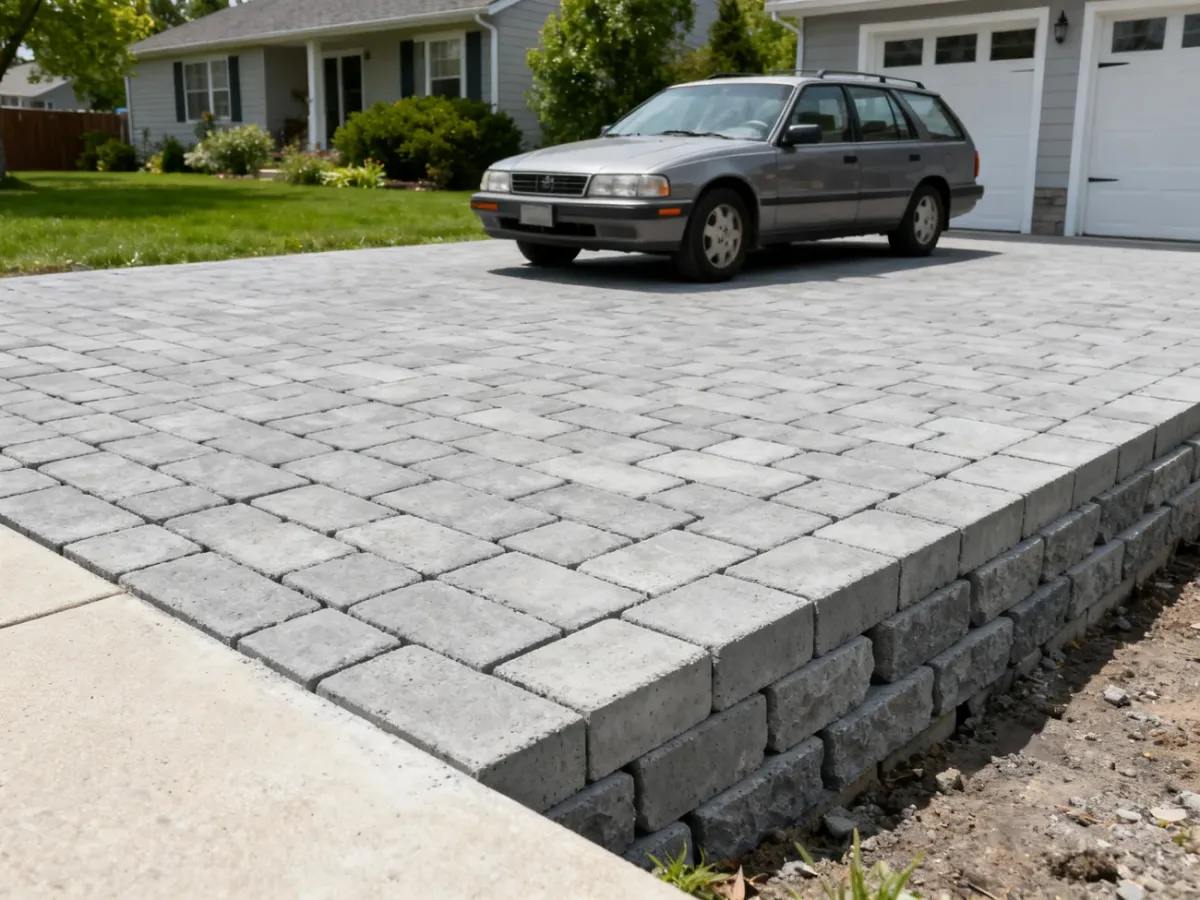 Gruba kostka betonowa na podjeździe samochodowym z solidną podbudową