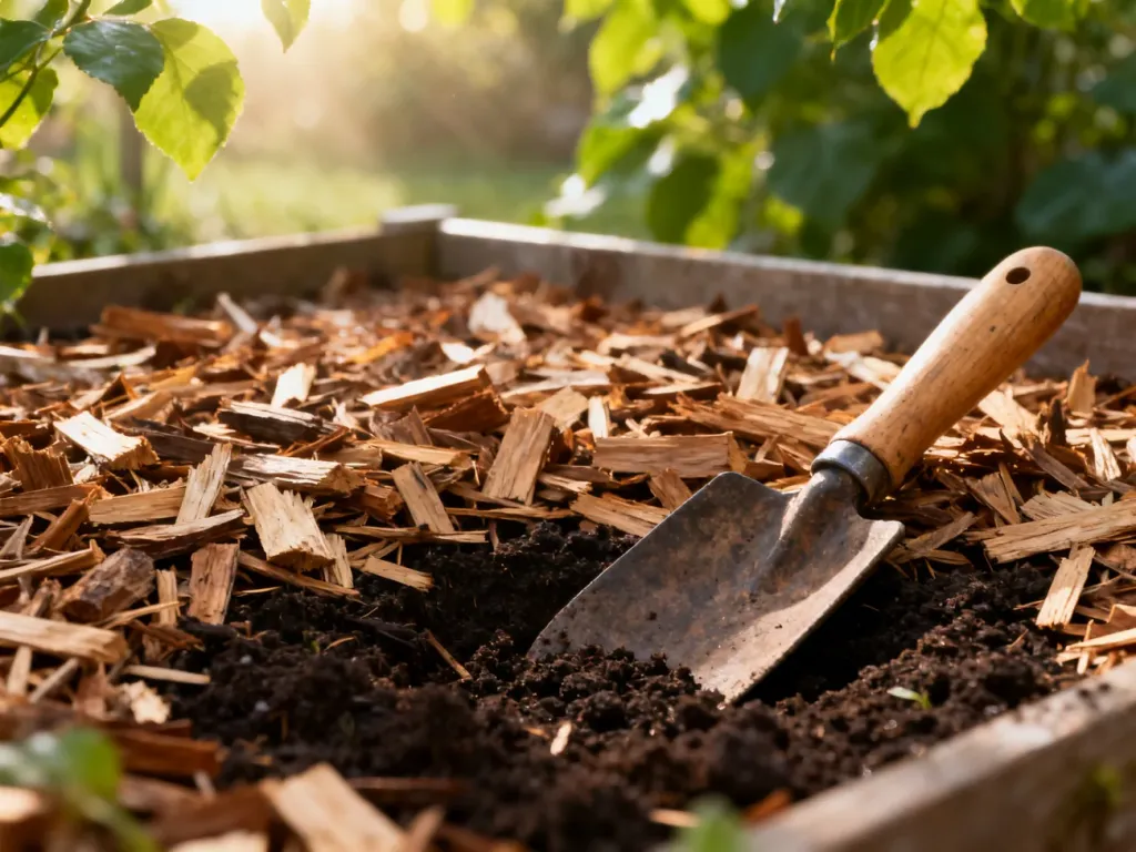 Ściółkowanie ogrodu zrębkami drewna, które poprawiają jakość gleby i zatrzymują wilgoć wokół roślin.