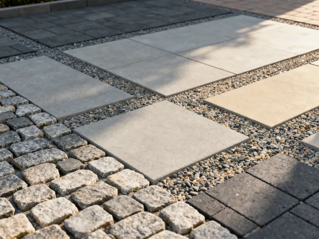 Widok z góry na różne materiały nawierzchniowe: granitową kostkę, betonowe płyty i ozdobny żwir na podjazd.
