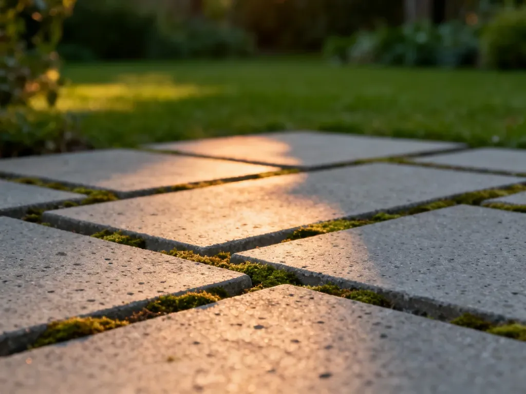 Nowoczesne patio z szarych płyt betonowych ułożonych w geometryczny wzór, otoczone bujną zielenią ogrodu.