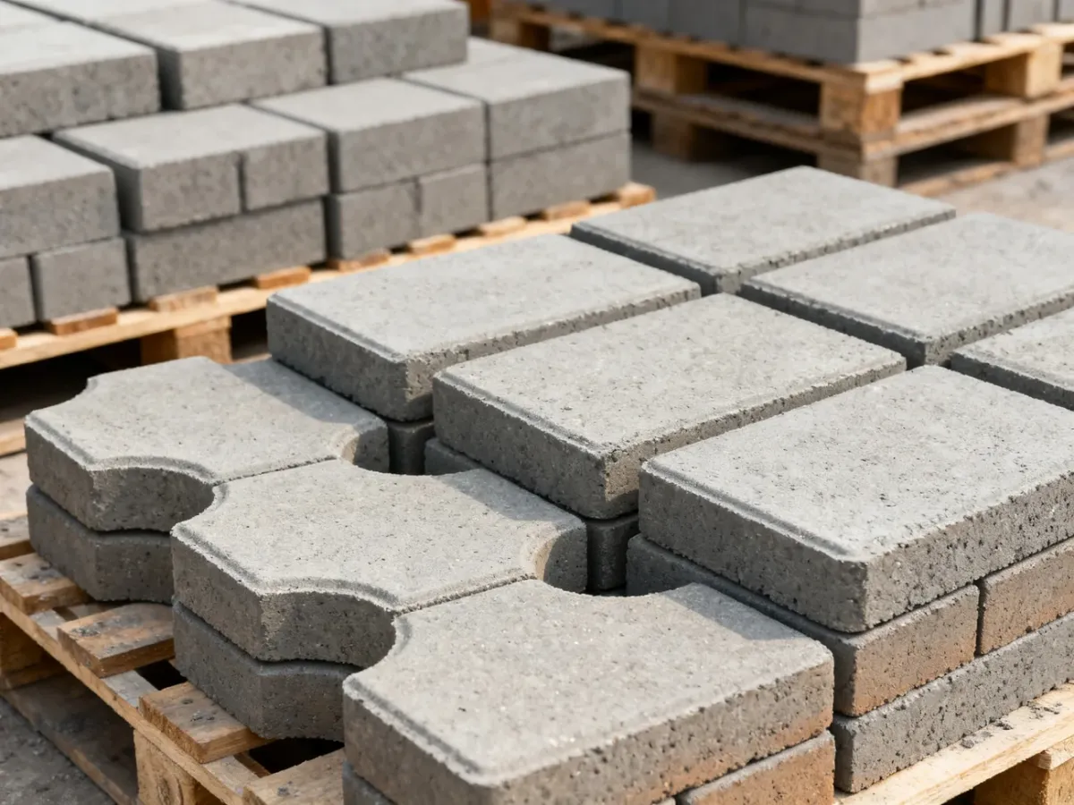 Szara kostka betonowa Holland i Behaton ułożona na paletach w składzie budowlanym