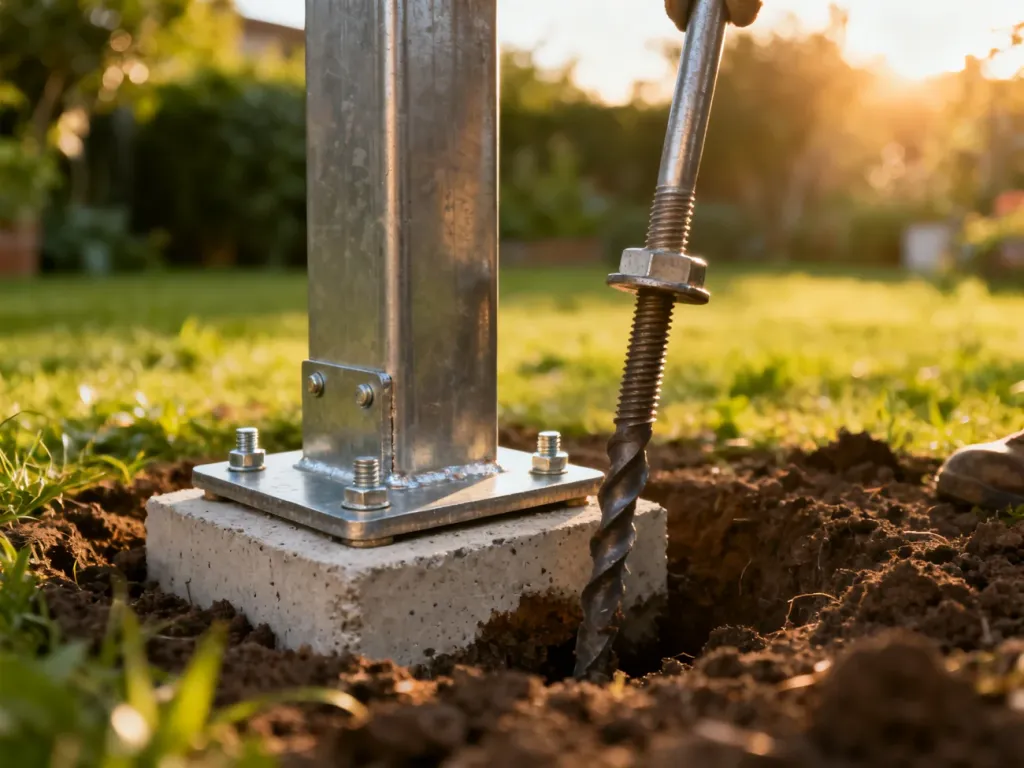 Metalowa kotwa montażowa przytwierdzona do betonowego fundamentu w ogrodzie, zapewniająca stabilność konstrukcji pergoli.