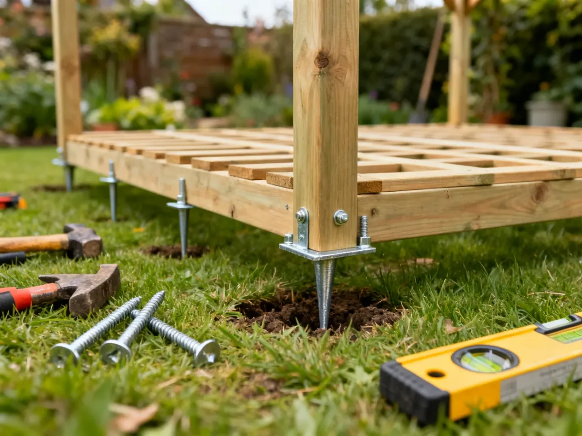 Lekka drewniana pergola mocowana kotwami gruntowymi na trawie