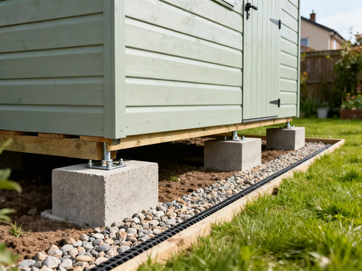 Domek ogrodowy ustawiony na stabilnym podłożu nad gruntem