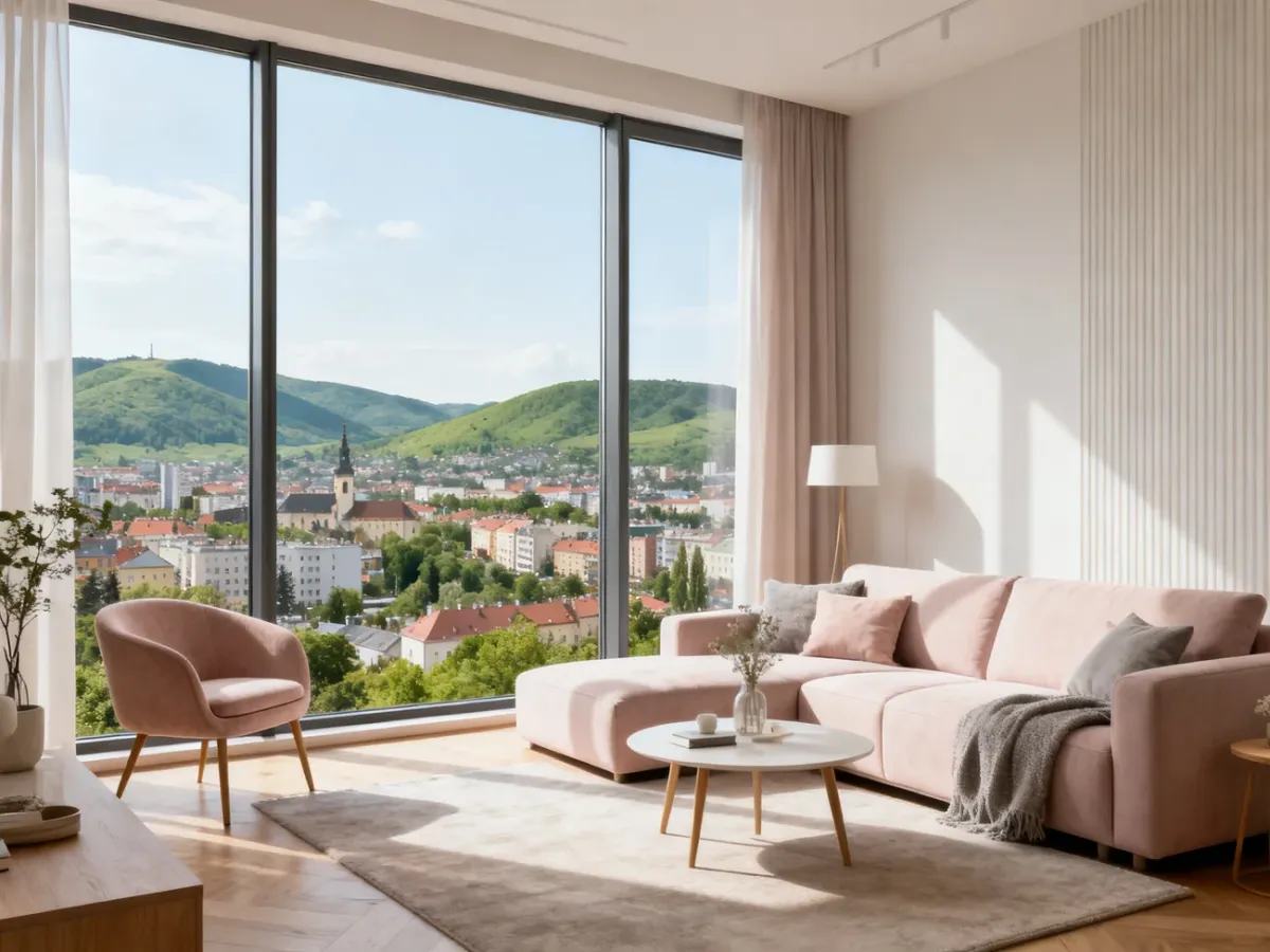 Nowoczesny salon z widokiem na panoramę Bielska-Białej i zielone wzgórza, podkreślający atrakcyjność mieszkań, no text on the picture