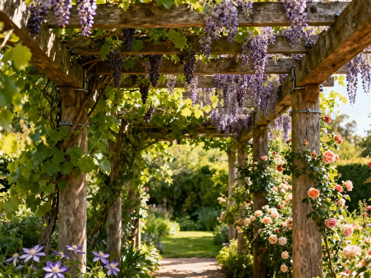 Drewniana pergola porośnięta bujnymi pnączami w ogrodzie