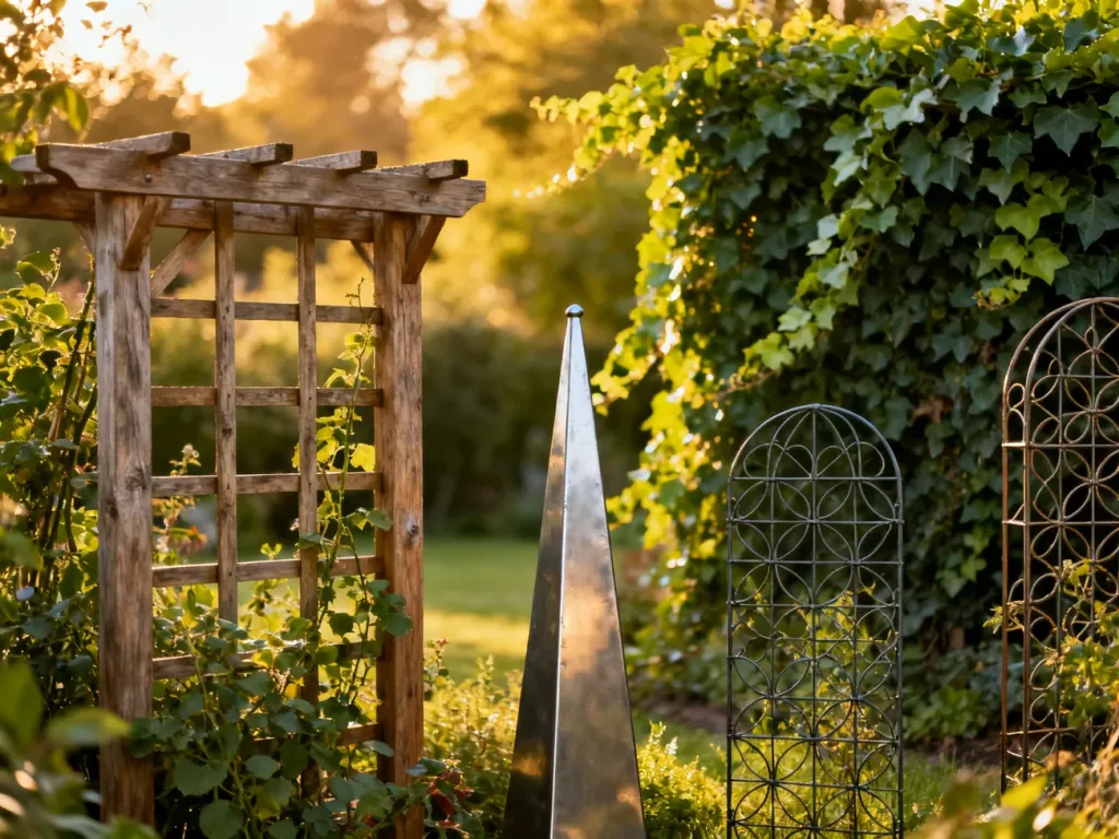 Drewniana krata, metalowy obelisk i panele z siatki jako podpory dla pnączy w słonecznym ogrodzie.