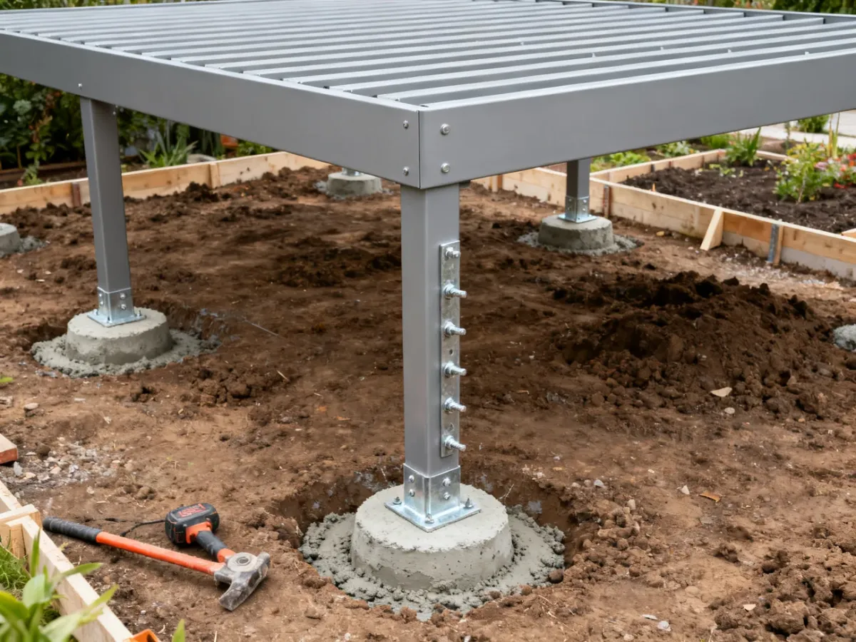 Ciężka pergola oparta na betonowych fundamentach punktowych